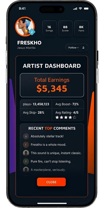 The Dova artist dashboard, showing total earnings, play counts and top fan comments